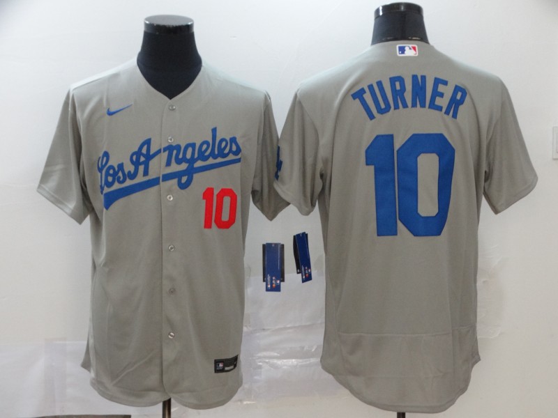 Men's Los Angeles Dodgers #10 Justin Turner Grey Flex Base Stitched MLB Jersey